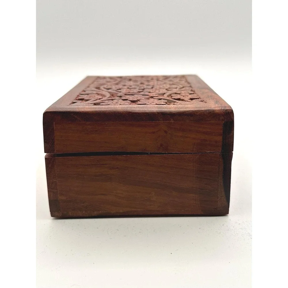 Vintage MCM Wooden Hand-Carved Hinged Lid Keepsake Box